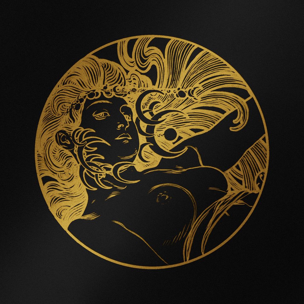 Art nouveau gold silhouette nude woman psd, remixed from the artworks of Alphonse Maria Mucha