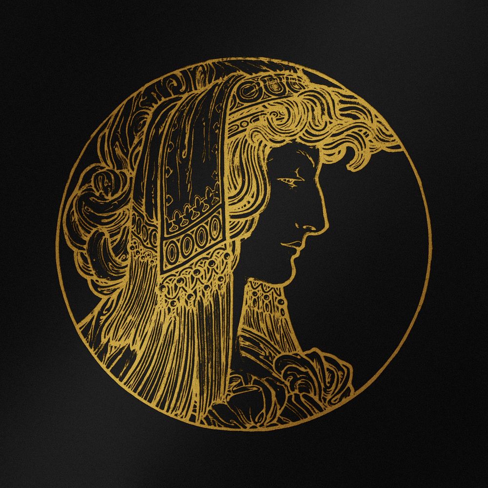 Art nouveau gold silhouette woman psd illustration, remixed from the artworks of Alphonse Maria Mucha