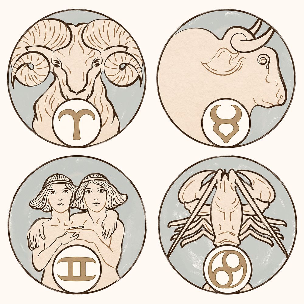 Art nouveau aries, taurus, gemini and cancer zodiac signs, remixed from the artworks of Alphonse Maria Mucha