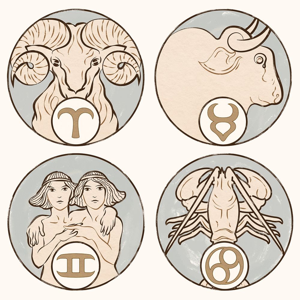 Art nouveau aries, taurus, gemini and cancer zodiac signs psd, remixed from the artworks of Alphonse Maria Mucha