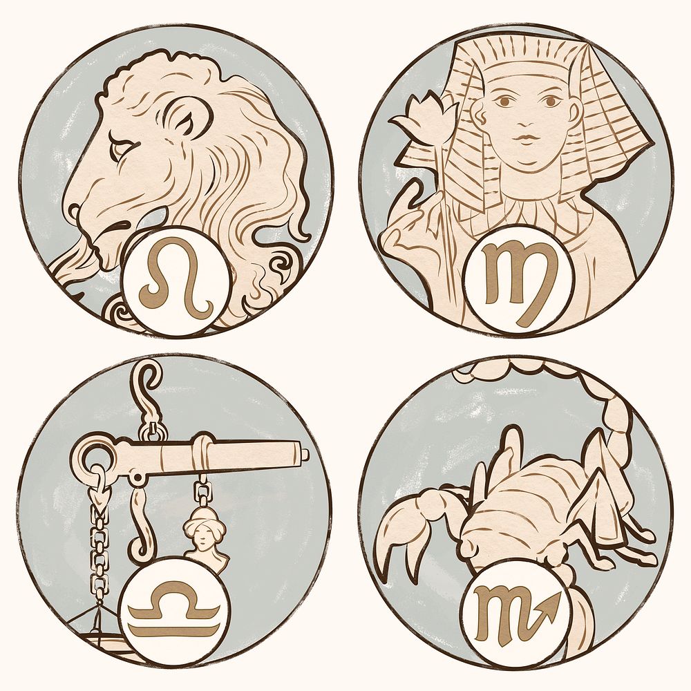 Art nouveau leo, virgo, libra and scorpio zodiac signs, remixed from the artworks of Alphonse Maria Mucha