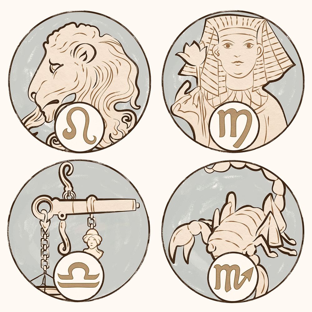 Art nouveau leo, virgo, libra and scorpio zodiac signs psd, remixed from the artworks of Alphonse Maria Mucha