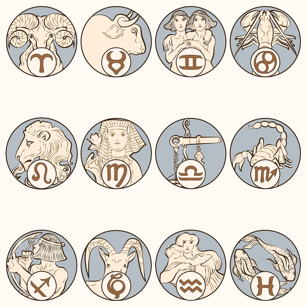 Art nouveau 12 zodiac signs vector, remixed from the artworks of Alphonse Maria Mucha