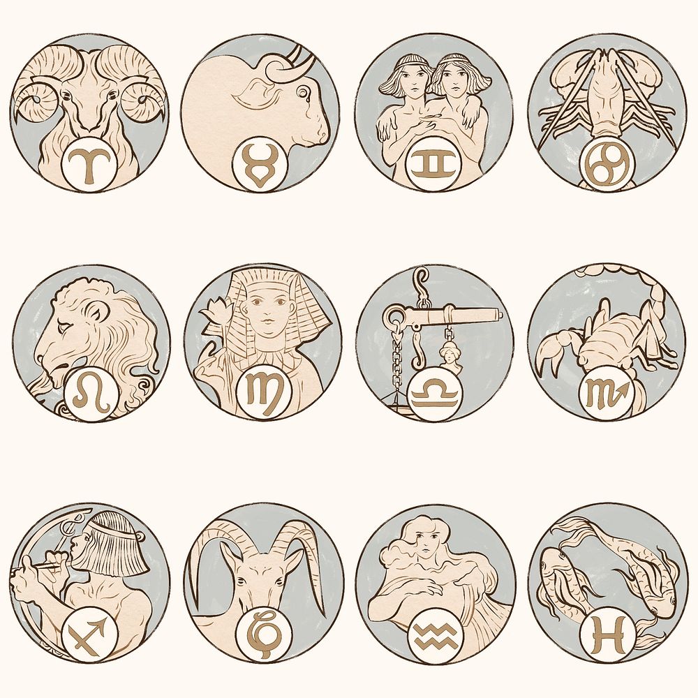 Art nouveau 12 zodiac signs psd, remixed from the artworks of Alphonse Maria Mucha