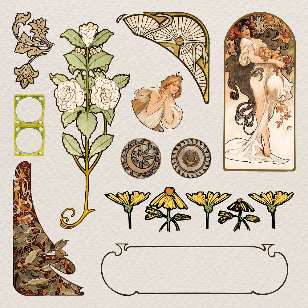 Woman and ornament art nouveau collection, remixed from the artworks of Alphonse Maria Mucha