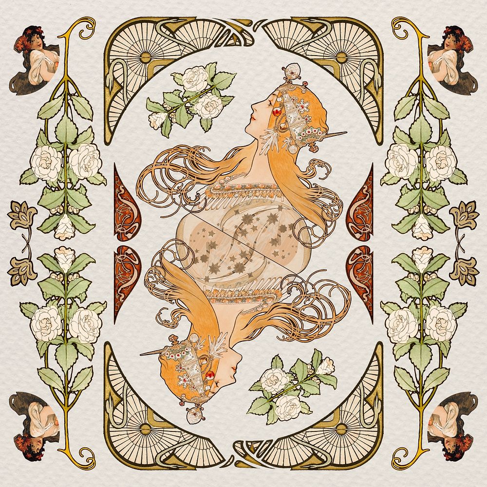 Art nouveau woman and ornament psd set, remixed from the artworks of Alphonse Maria Mucha