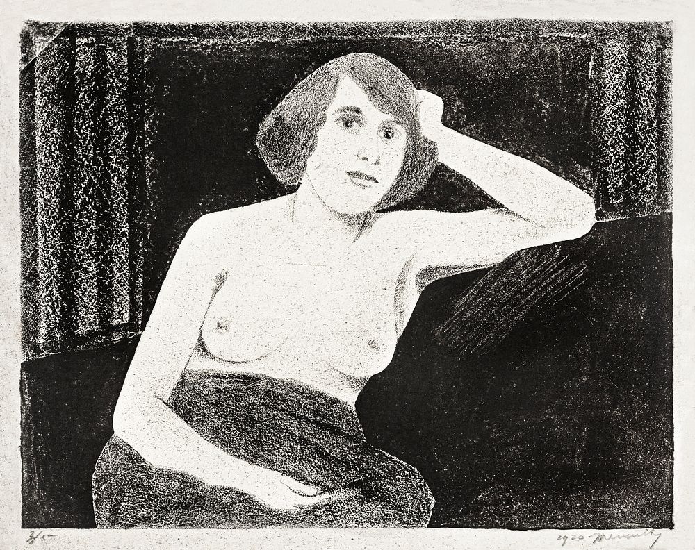 Female nude, seated on a sofa, hand to head (Vrouwelijk naakt, gezeten op een bank, de hand tegen het hoofd) (1920) print in…