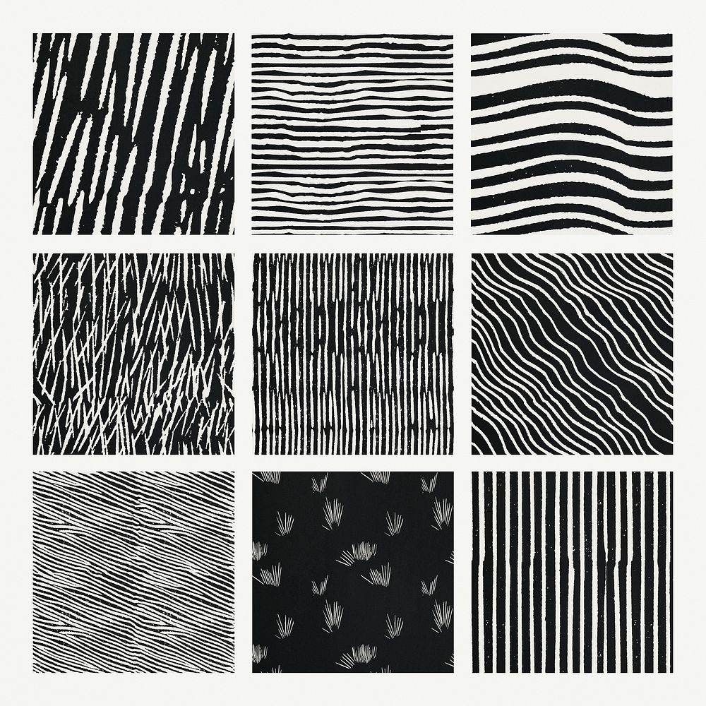 Vintage psd black white woodcut stripes pattern background set, remix from artworks by Samuel Jessurun de Mesquita