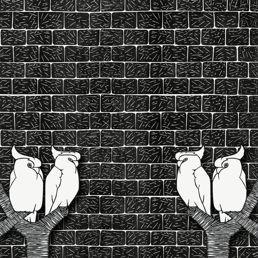 Vintage crowned cockatoos psd animal art print on brick wall, remix from artworks by Samuel Jessurun de Mesquita