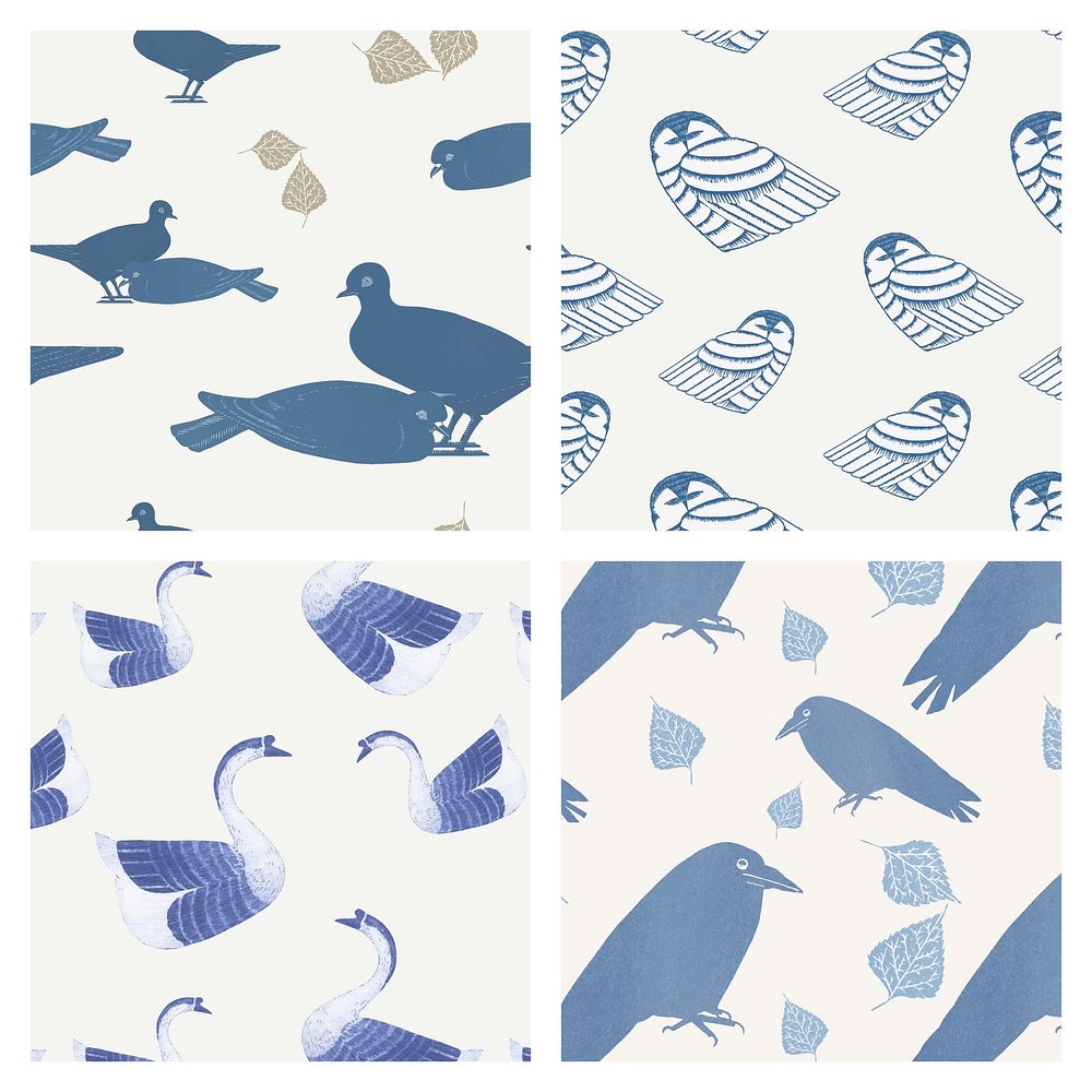 Vintage bird pattern background vector set, remix from artworks by Samuel Jessurun de Mesquita