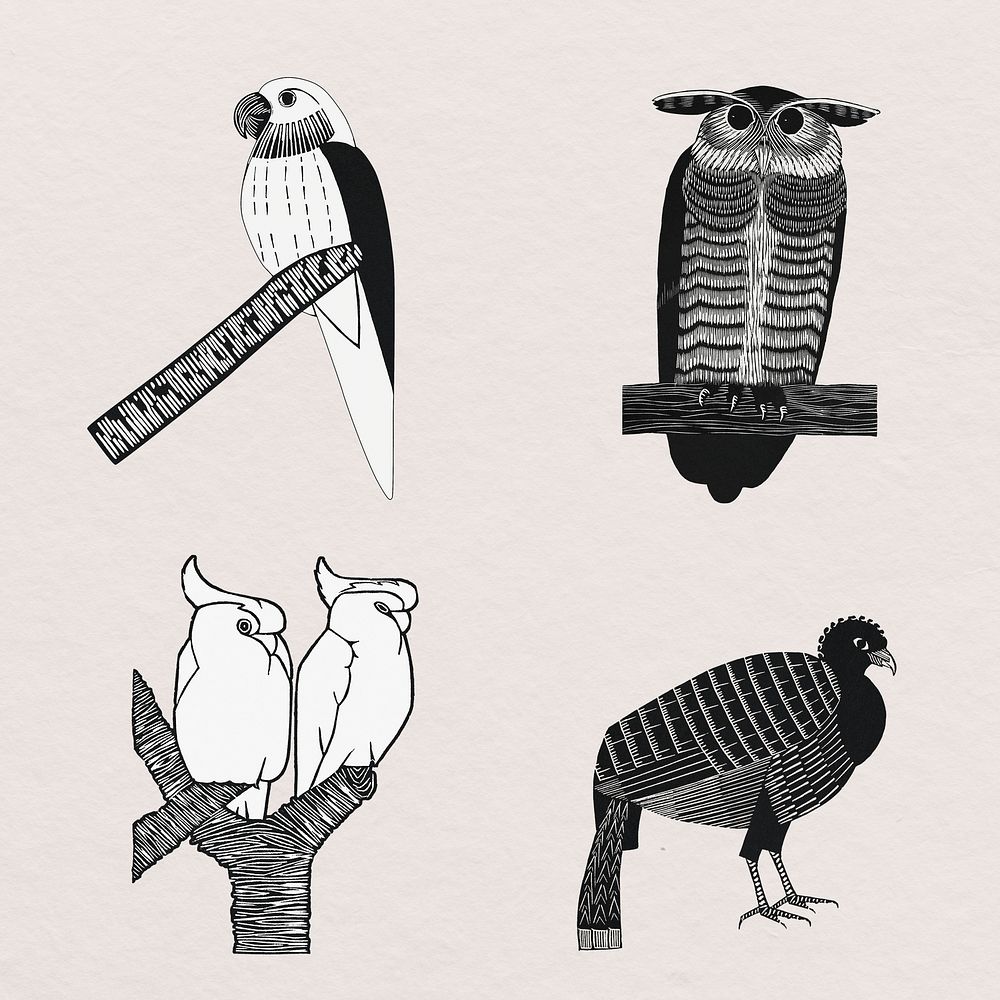 Vintage bird art print set, remix from artworks by Samuel Jessurun de Mesquita