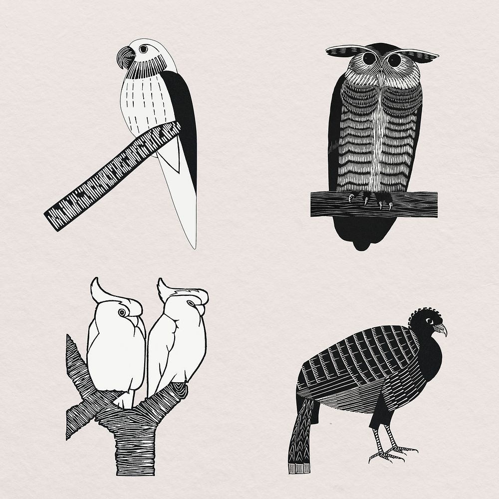 Vintage bird art print psd set, remix from artworks by Samuel Jessurun de Mesquita