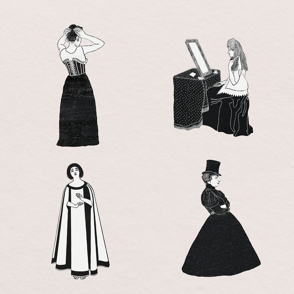 Vintage woman character psd art print set, remix from artworks by Samuel Jessurun de Mesquita