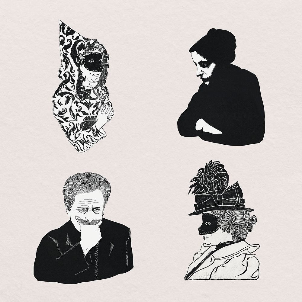 Vintage people portrait art print set, remix from artworks by Samuel Jessurun de Mesquita