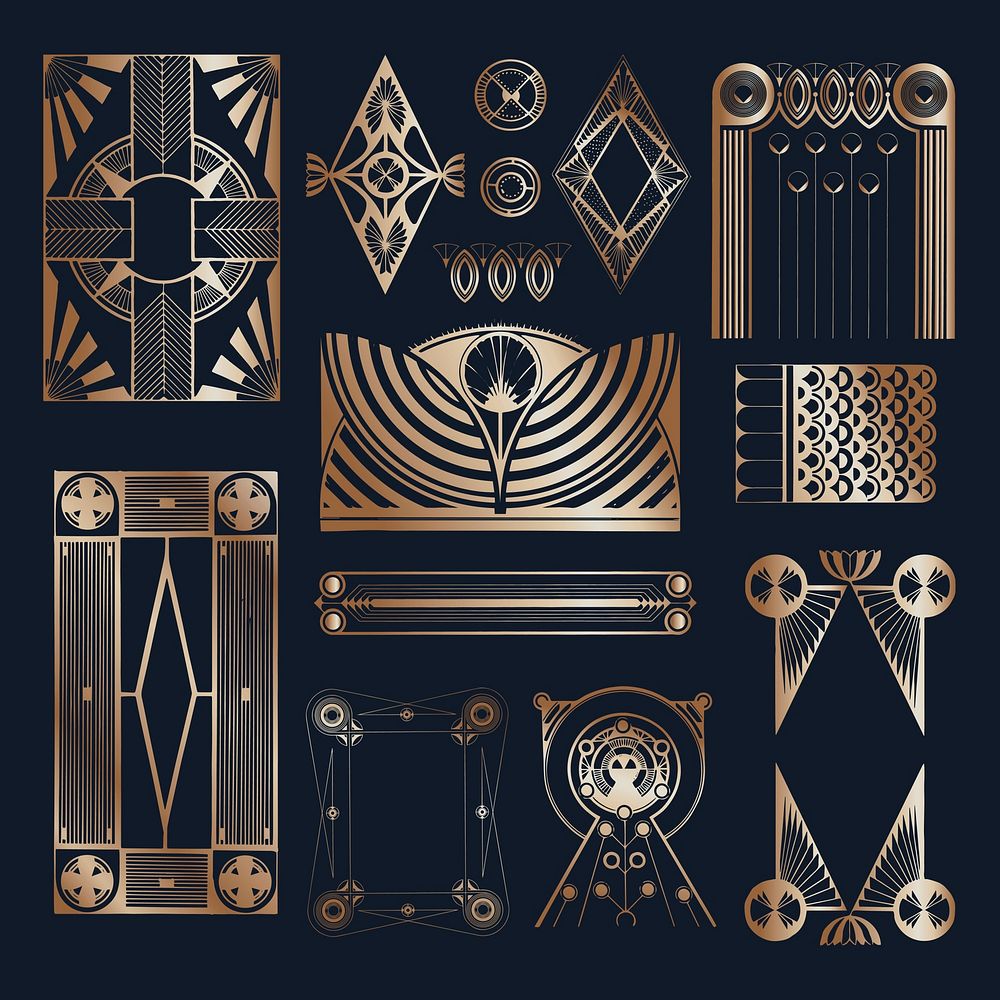 Vintage gold Gatsby patterned ornament vector art print, remix from artworks by Samuel Jessurun de Mesquita