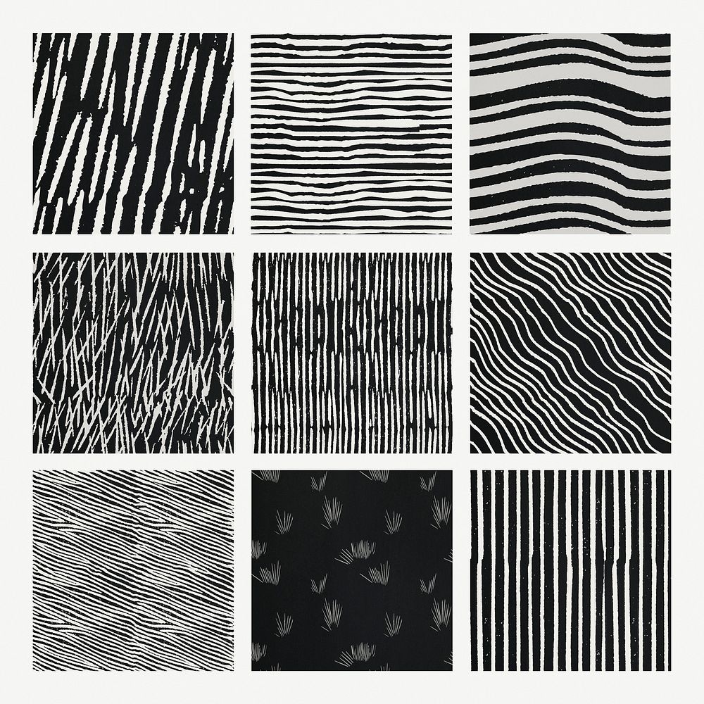 Vintage black white woodcut stripes pattern background set, remix from artworks by Samuel Jessurun de Mesquita