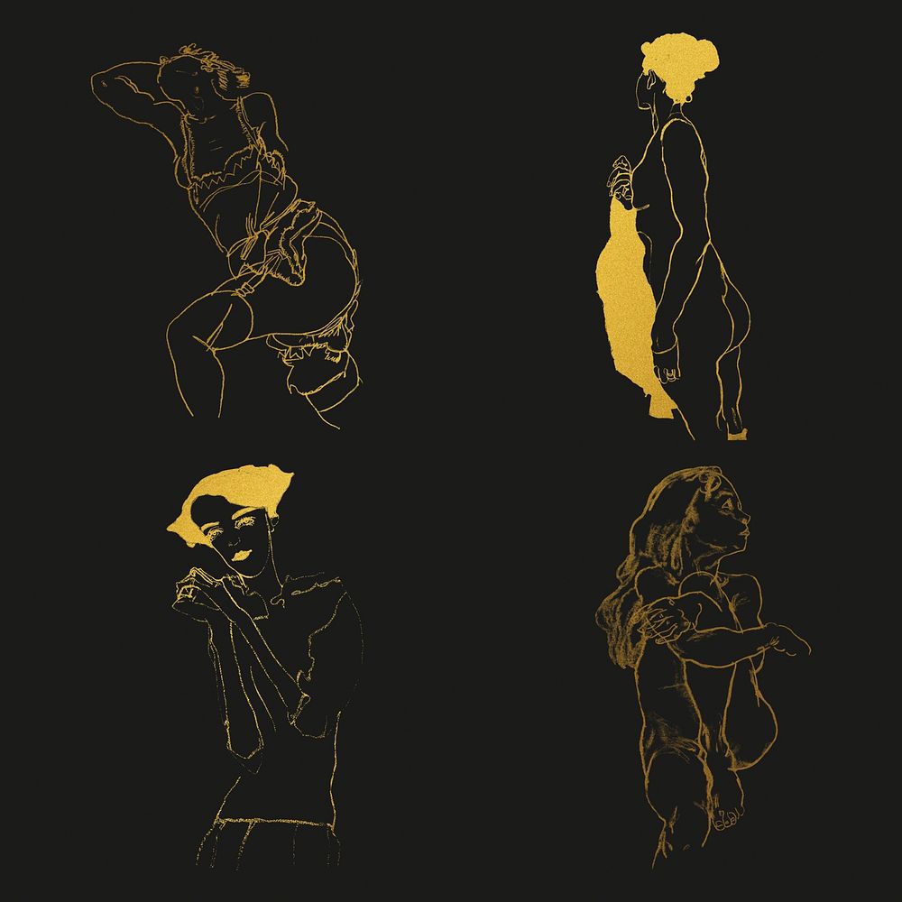 Golden woman line drawing psd collection remixed from the artworks of Egon Schiele.
