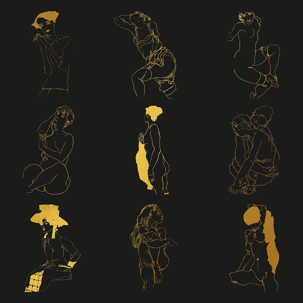 Golden woman line drawing psd collection remixed from the artworks of Egon Schiele.