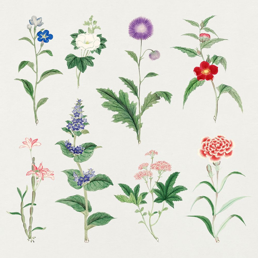 Classic floral design element psd set, vintage Japanese art remix from the David Murray collection