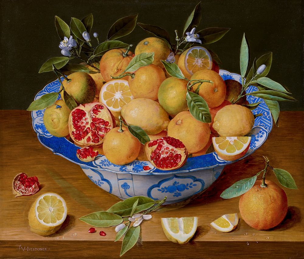 Still Life with Lemons, Oranges, and a Pomegranate (1620&ndash;1640) painting in high resolution by Jacob van Hulsdonck.…