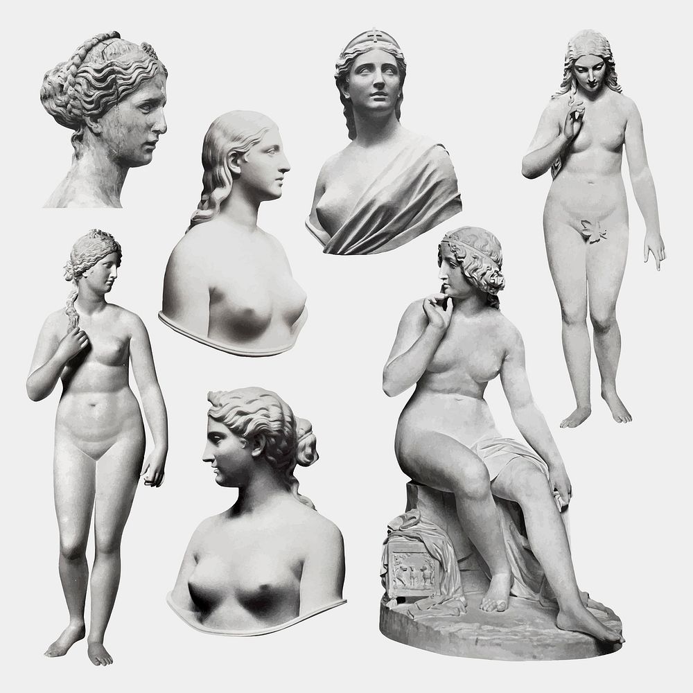 Vintage woman sculptures, design element, aesthetic Greek goddess vector collage element set