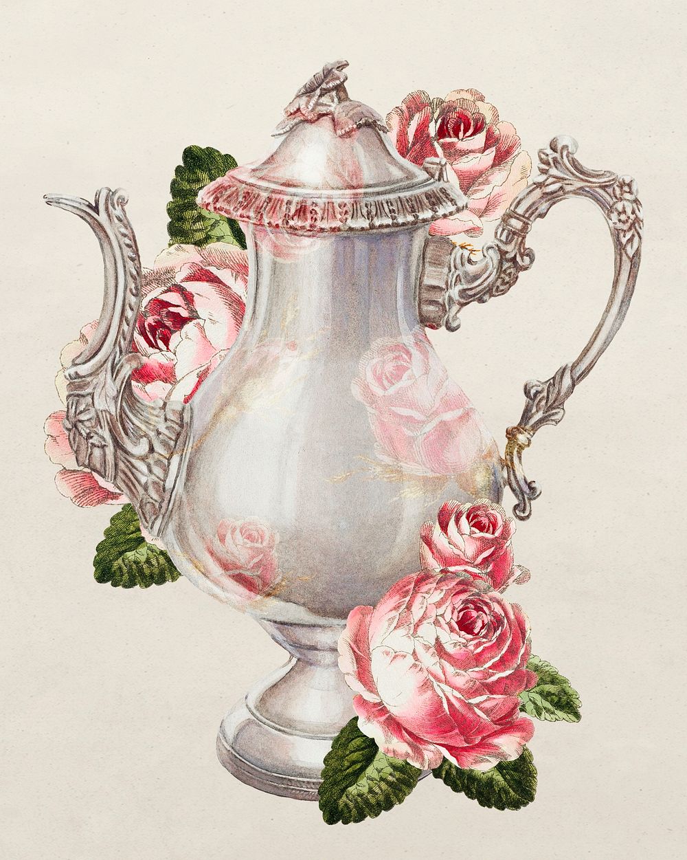 Vintage coffee pot psd with flower illustration, remixed from the artwork by Ernest A. Towers, Jr.