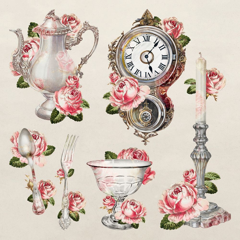 Vintage tea set psd illustration, remixed from public domain collection