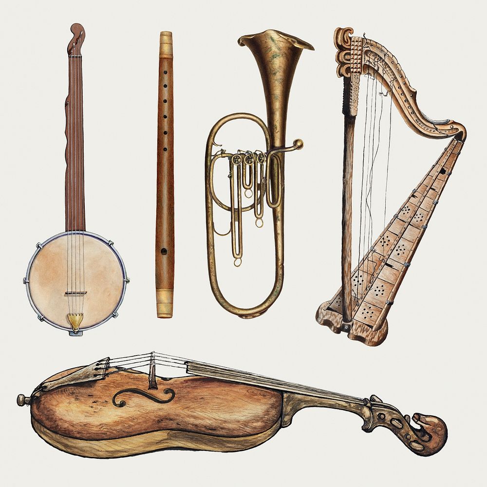 Antique musical instruments psd design element set, remixed from public domain collection