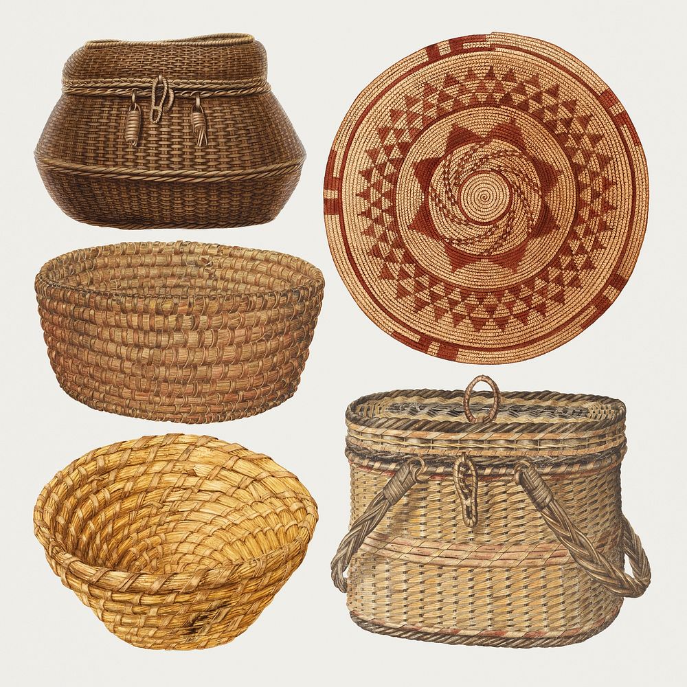 Wicker baskets psd design element set, remixed artworks by various artists