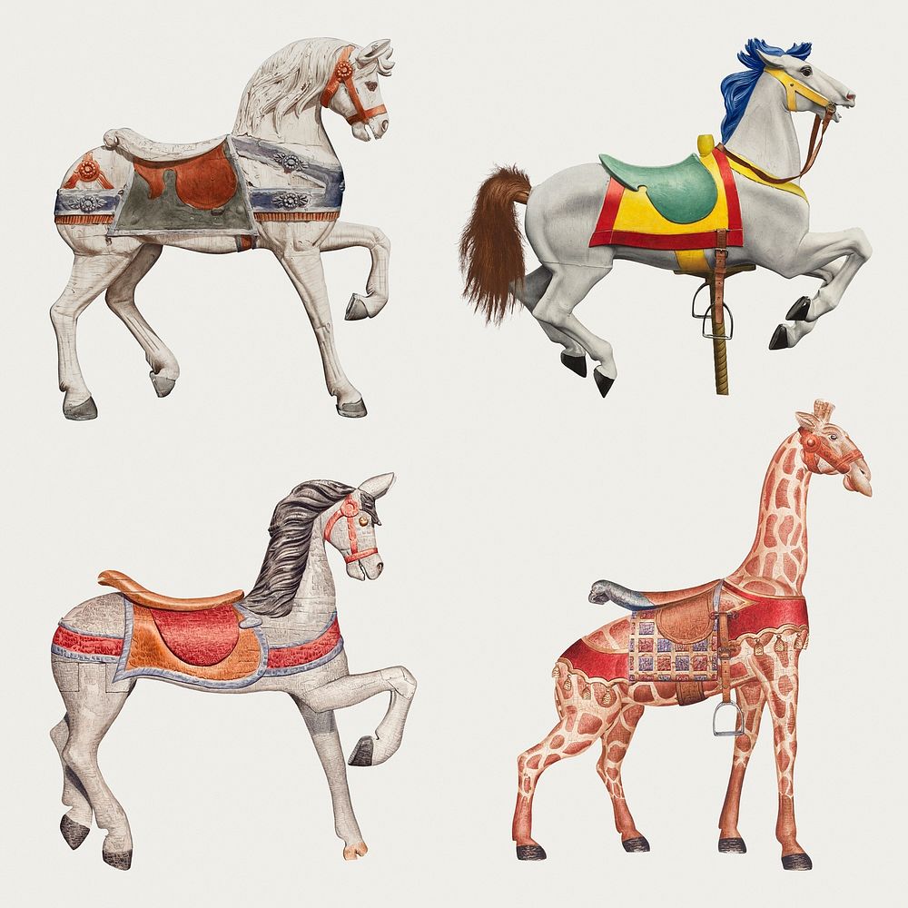 Carousel horse illustration psd set, remixed from public domain collection