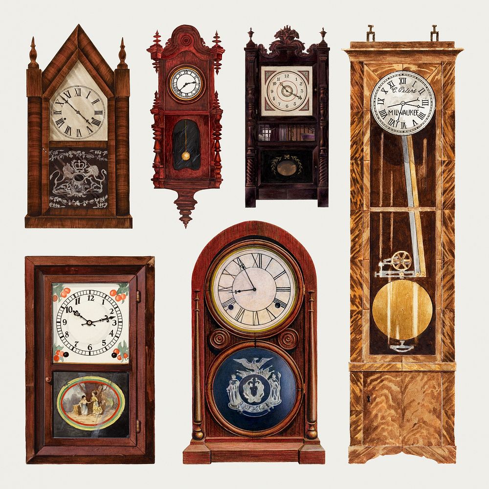 Antique clocks psd design element set, remixed from public domain collection