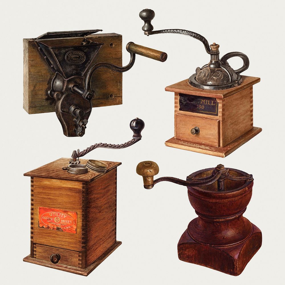 Antique coffee grinders psd design element set, remixed from public domain collection