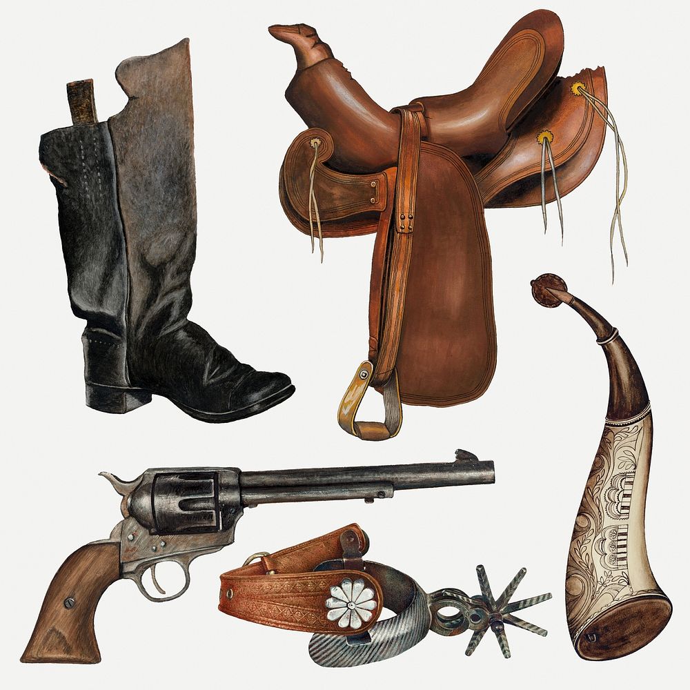 Cowboy saddle and accessories psd design element set, remixed from public domain collection