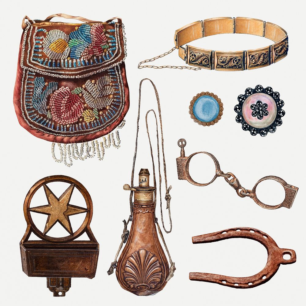 Antique accessories psd design element set, remixed from public domain collection