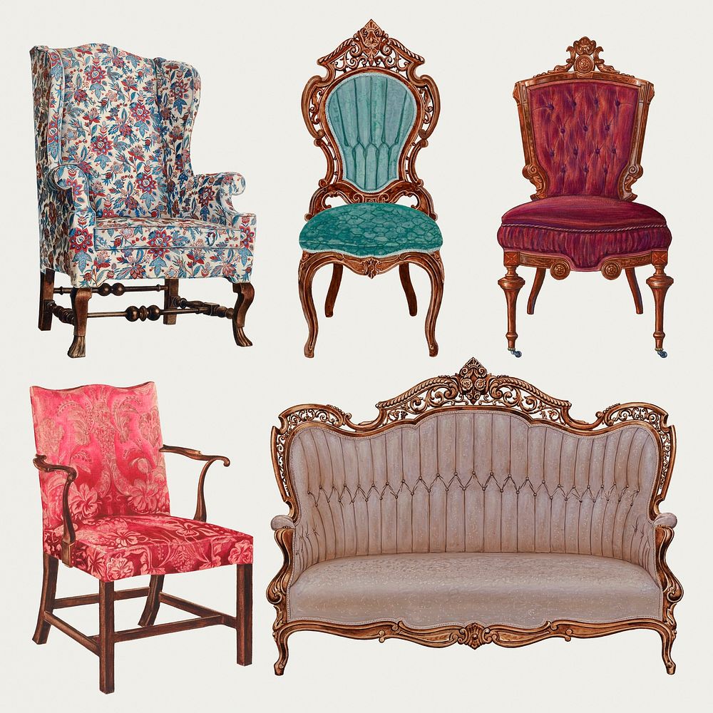 Vintage furniture illustration psd set, remixed from public domain collection