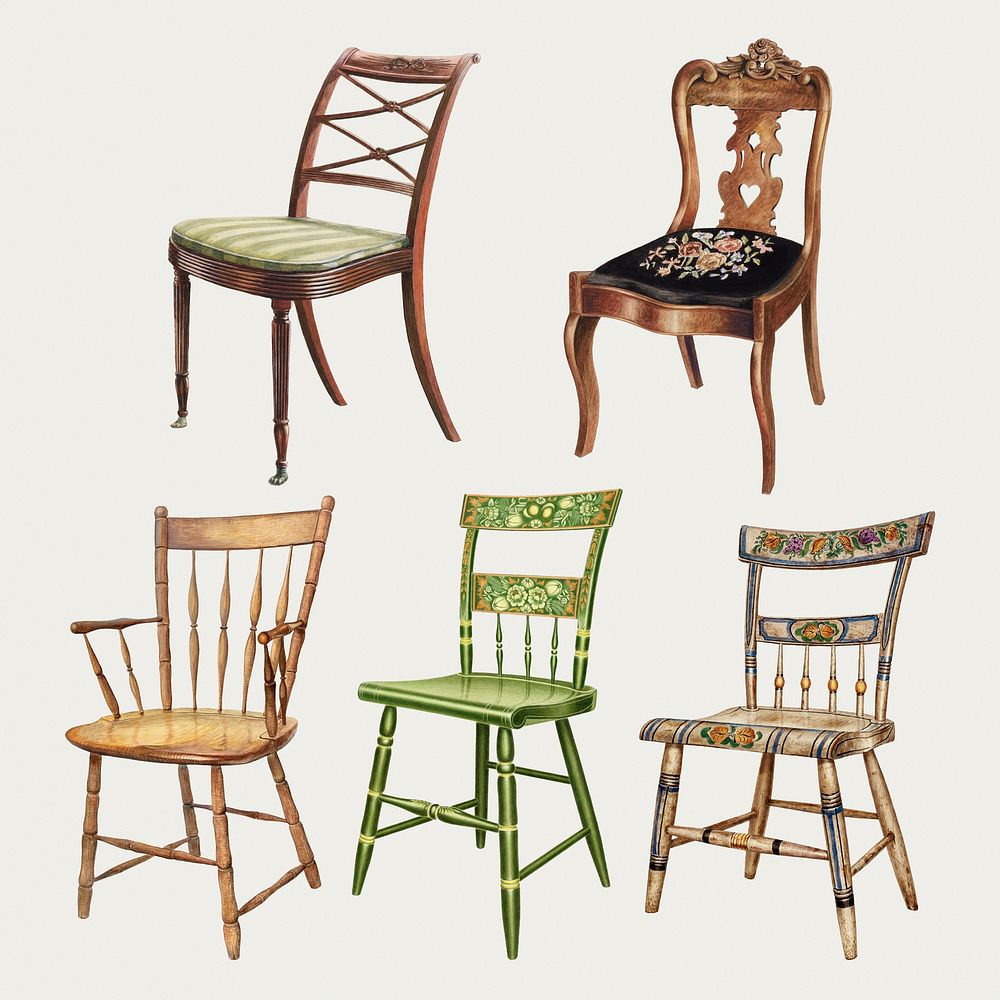 Vintage chair illustration psd set, remixed from public domain collection