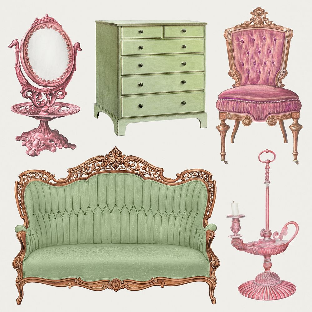 Vintage furniture psd illustration set, remixed from public domain collection