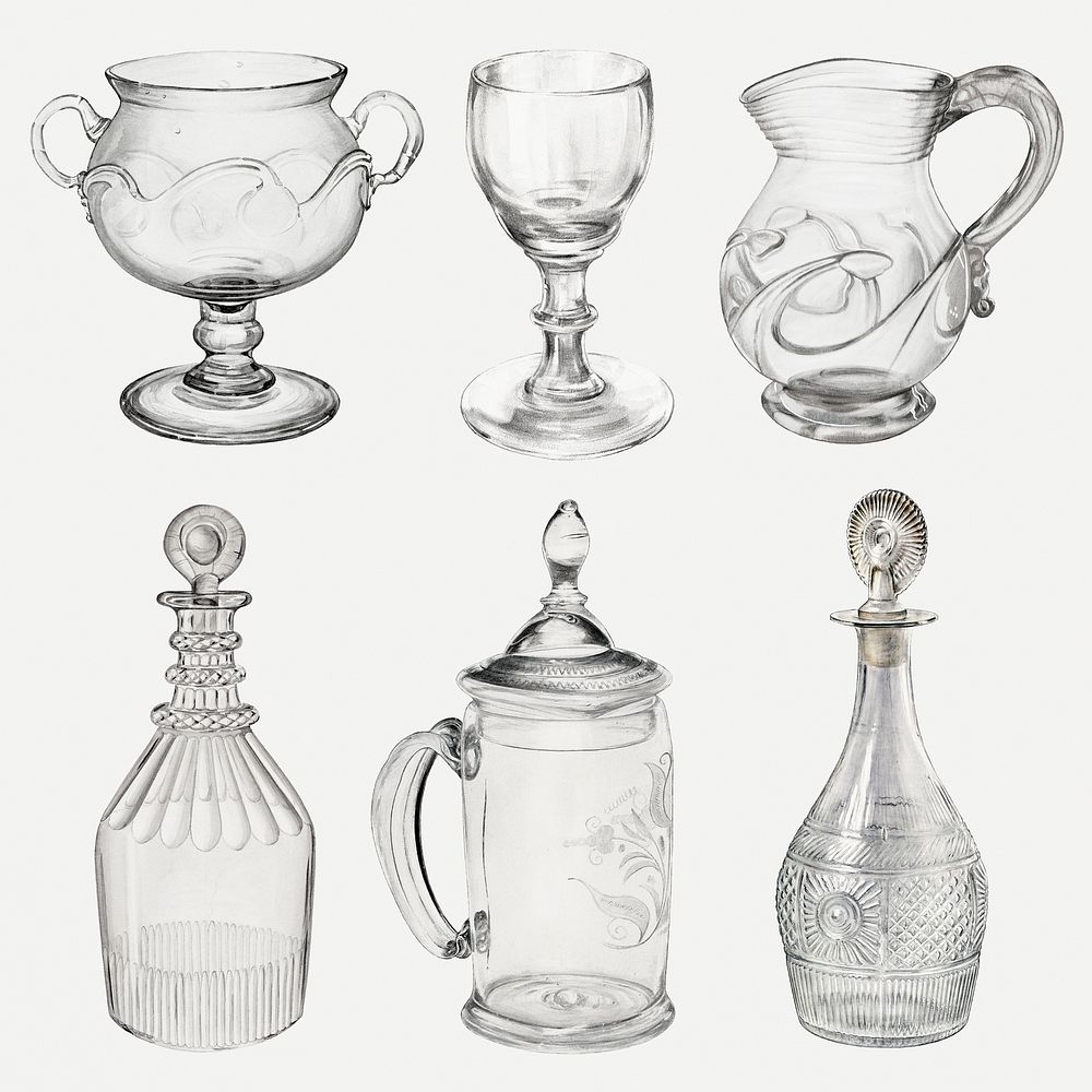 Antique glassware psd design element set, remixed from public domain collection