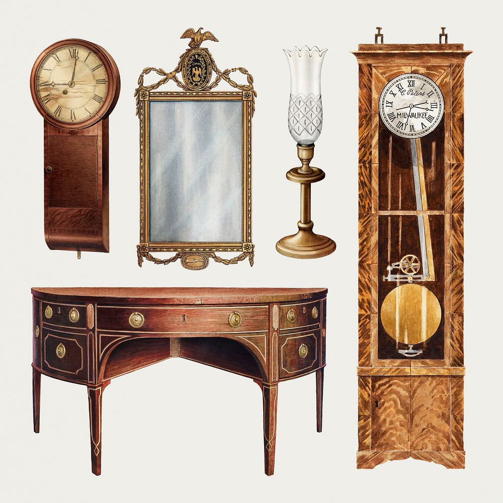 Antique furniture and decor psd design element set, remixed from public domain collection