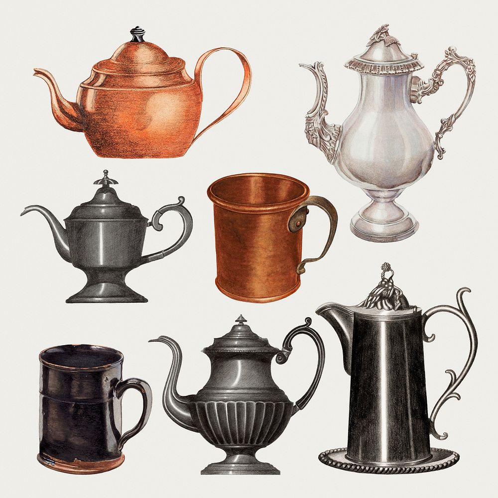 Vintage tea pot psd illustration set, remixed from public domain collection