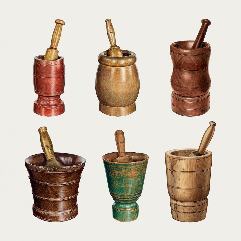 Vintage mortar and pestle psd illustration set, remixed from public domain collection