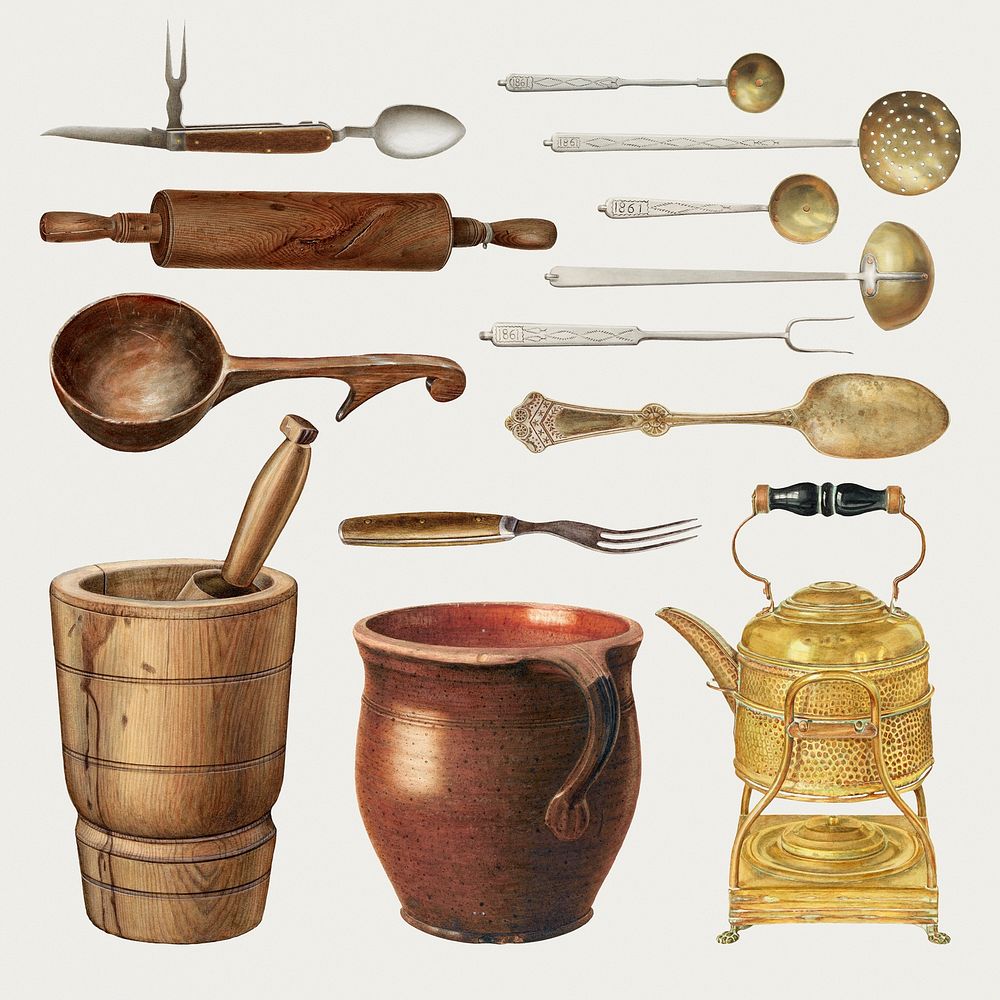 Vintage kitchenware psd illustration, remixed from public domain collection