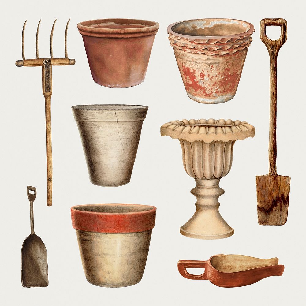 Vintage tools and pot psd illustration set, remixed from public domain collection