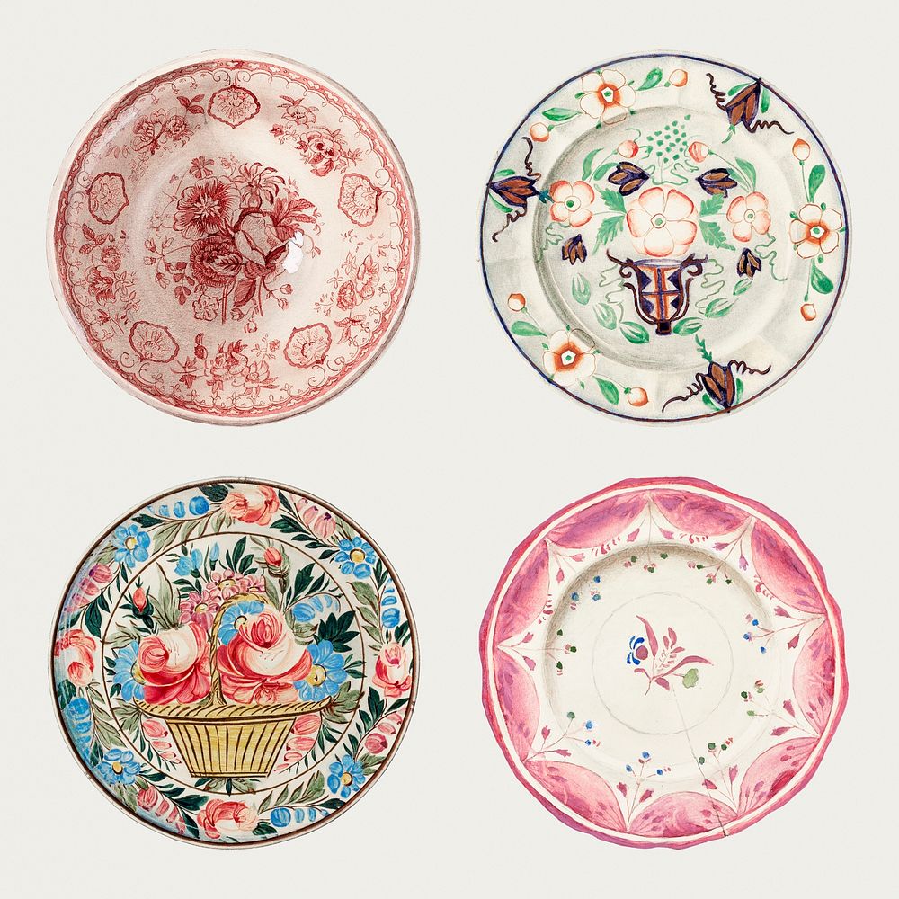 Vintage plate illustration psd set, remixed from public domain collection