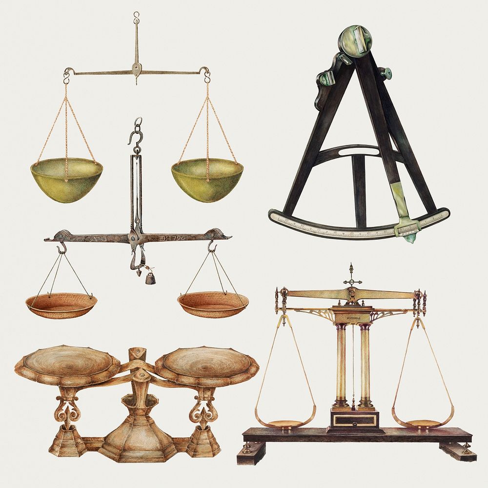 Antique measurement tools psd design element set, remixed from public domain collection