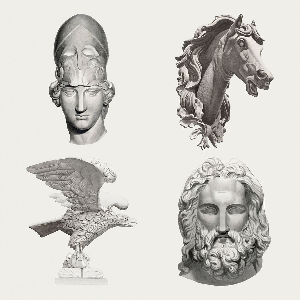 Antique sculptures psd design element set, remixed from public domain collection