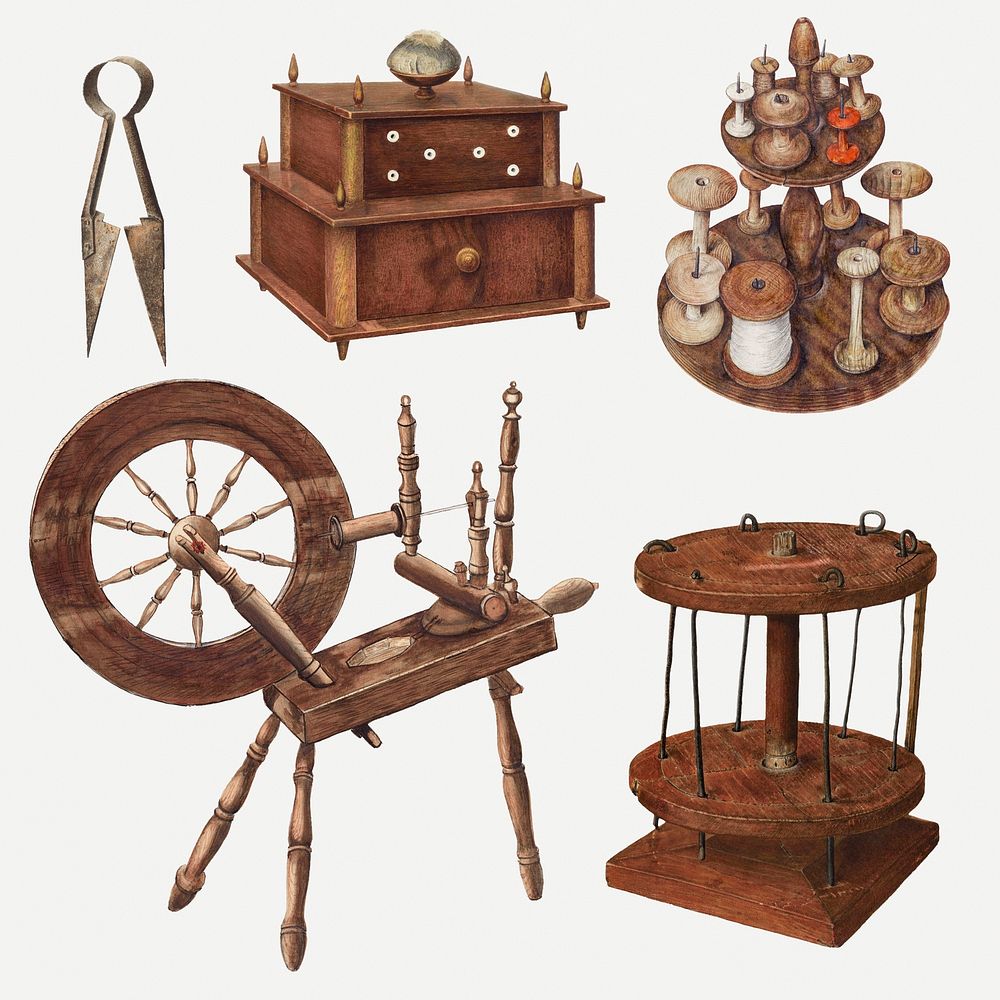 Antique sewing equipment psd design element set, remixed from public domain collection