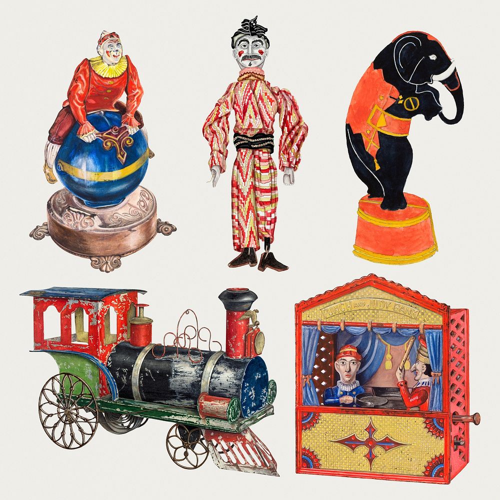 Antique children's toys psd design element set, remixed from public domain collection