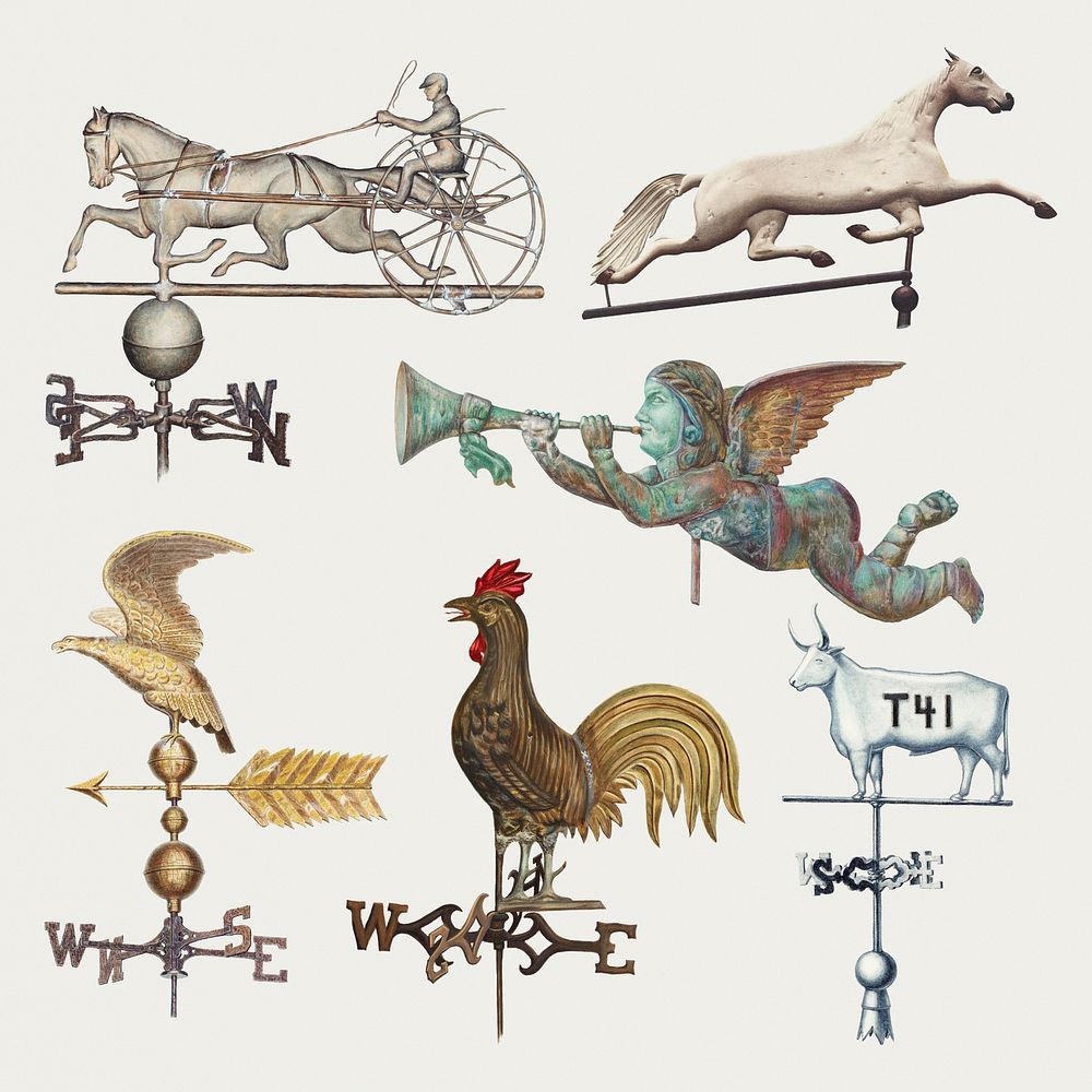 Vintage weather vane illustration psd set, remixed from public domain collection