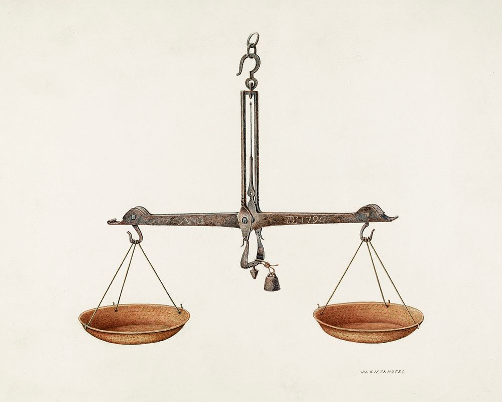 Balance Scales (ca. 1940) by William Kieckhofel. Original from The National Gallery of Art. Digitally enhanced by rawpixel.